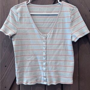 American Eagle Outfitters Light Blue Striped Snap-Front Crop Top